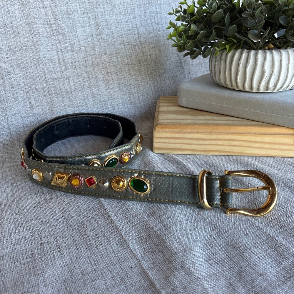 Vintage Jeweled Leather Belt 32 Metallic Green Gold Studded Embellished Boho